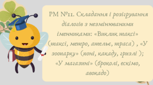План-конспект та презентація "РМ №11. Складання і розігрування діалогів з незмінюваними іменниками: «Виклик таксі» (таксі, метро, ательє, траса) , «У зоопарку» (поні, какаду, гризлі ); «У магазині» (броколі, ескімо, авокадо)"