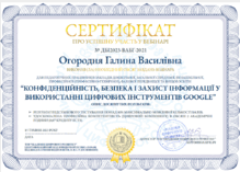  “Конфіденційність, безпека і захист інформації у використанні цифрових інструментів GOOGLE”	ТОВ “Академія цифрового розвитку”	Вебінар
