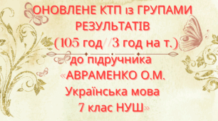 Оновлене КТП із ГРУПАМИ РЕЗУЛЬТАТІВ. Українська мова  7 кл. НУШ.АВРАМЕНКО О. М., ТИЩЕНКО З. Р. (105 год / 3 год на тиждень)