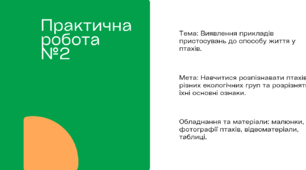 Практична робота № 2. Виявлення прикладів пристосувань до способу життя у птахів.