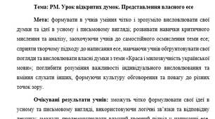 План-конспект "РМ. Урок відкритих думок. Представлення власного есе"