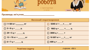 Картка для самостійної роботи з математики для учнів 4 класів з теми "Перетворення іменованих чисел"