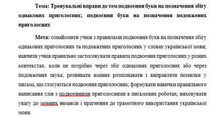 План-конспект "Тренувальні вправи до тем подвоєння букв на позначення збігу однакових приголосних; подвоєння букв на позначення подовжених приголосних"