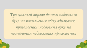 Презентація "Тренувальні вправи до тем подвоєння букв на позначення збігу однакових приголосних; подвоєння букв на позначення подовжених приголосних"