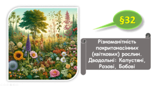   7 клас НУШ. Різноманітність покритонасінних (квіткових) рослин. Дводольні: Капустяні, Розові, Бобові