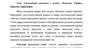 План-конспект "Узагальнення вивченого з розділу «Фонетика. Графіка. Орфоепія. Орфографія»"