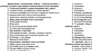 Діагностична (контрольна) робота. Словосполучення і речення. Головні та другорядні члени речення (тестові завдання)