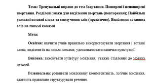 План-конспект "Тренувальні вправи до тем Звертання. Поширені і непоширені звертання. Розділові знаки для виділення звертань (повторення); Найбільш уживані вставні слова та сполучення слів (практично). Виділення вставних слів на письмі комами"
