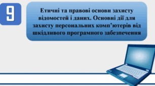 Тестування на тему: "Етичні та правові основи захисту відомостей і даних. Основні дії для захисту персональних комп’ютерів від шкідливого програмного забезпечення"