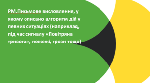 Презентація до уроку «РМ. Письмове висловлення, у якому описано алгоритм дій у певних ситуаціях (наприклад, під час сигналу «Повітряна тривога», пожежі, грози тощо)»