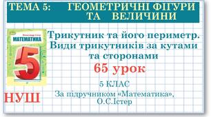 5 клас. Математика. Урок №65. Трикутник та його периметр. Види трикутників за кутами та сторонами