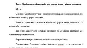 План-конспект "Відмінювання іменників, що  мають  форму тільки множини"
