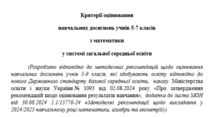 Критерії оцінювання навчальних досягнень учнів 5-7 класів НУШ з математики