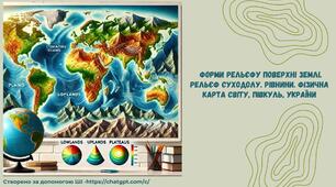 Форми рельєфу поверхні Землі. Рельєф суходолу. Рівнини. Фізична карта світу, півкуль, України