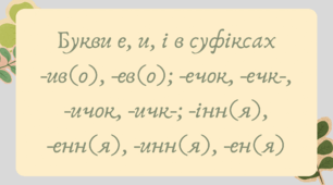 План-конспект та презентація "Букви е, и, і в суфіксах -ив(о), -ев(о); -ечок, -ечк-, -ичок, -ичк-; -інн(я), -енн(я), -инн(я), -ен(я)"