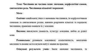 План-конспект "Числівник як частина мови: значення, морфологічні ознаки, синтаксична роль. Числівники кількісні і порядкові."