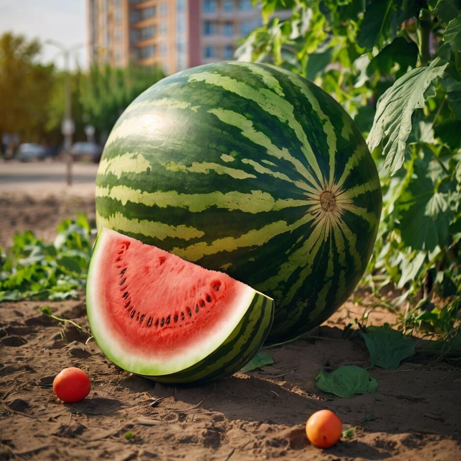 On the background of the modern city of Kherson is an image of a large juicy watermelon with leaves