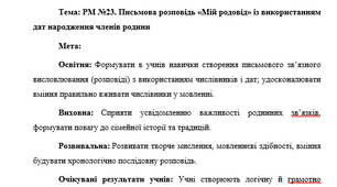 План-конспект "РМ №23. Письмова розповідь «Мій родовід» із використанням дат народження членів родини"
