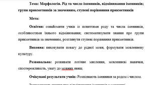 План-конспект "Морфологія. Рід та число іменників, відмінювання іменників; групи прикметників за значенням, ступені порівняння прикметників"