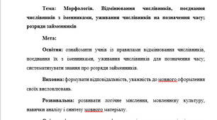 План-конспект "Морфологія. Відмінювання числівників, поєднання числівників з іменниками, уживання числівників на позначення часу; розряди займенників"