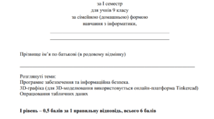 Контрольна робота  за І семестр  для учнів 9 класу  за сімейною (домашньою) формою навчання з інформатики