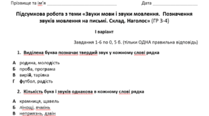 Підсумкова робота з теми «Звуки мови і звуки мовлення. Позначення звуків мовлення на письмі. Склад. Наголос» (ГР 3-4)
