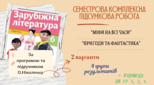 СЕМЕСТРОВА КОМПЛЕКСНА ПІДСУМКОВА КОНТРОЛЬНА РОБОТА (за 4 групами результатів) із зарубіжної літератури для 6 класу за розділами: «Міфи на всі часи», «Пригоди та фантастика»