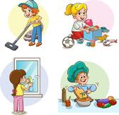 Cartoon kids doing housework, kids helping with housework. Boys and girls sweep, dust, wash dishes, mop the floor. cooking, washing laundry. 29199954 Vector Art at Vecteezy