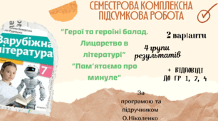 СЕМЕСТРОВА КОМПЛЕКСНА ПІДСУМКОВА КОНТРОЛЬНА РОБОТА (за 4 групами результатів) із зарубіжної літератури для 7 класу за розділами:  “Герої та героїні балад. Лицарство в літературі”,  “Пам’ятаємо про минуле”