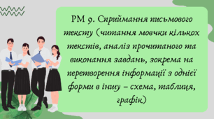 План-конспект та презентація "РМ 9. Сприймання письмового тексту (читання мовчки кількох текстів, аналіз прочитаного та виконання завдань, зокрема на перетворення інформації з однієї форми в іншу – схема, таблиця, графік)"