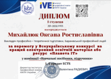  Дипломи I ступеня Всеукраїнського конкурсу для педагогічних працівників закладів професійної (професійно-технічної) та фахової передвищої освіти "Планета-ІТ" у номінації «Навчальні посібники, підручники»