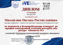  Дипломи I ступеня Всеукраїнського конкурсу для педагогічних працівників закладів професійної (професійно-технічної) та фахової передвищої освіти "Планета-ІТ" у номінації «Електронні демонстраційні матеріали, відеоуроки»
