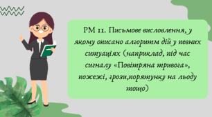 Презентація "РМ 11. Письмове висловлення, у якому описано алгоритм дій у певних ситуаціях (наприклад, під час сигналу «Повітряна тривога», пожежі, грози, порятунку на льоду тощо)"
