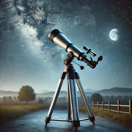 A realistic image of a modern telescope placed outdoors under a clear night sky filled with stars and a faint view of the Milky Way. The telescope is mounted on a sturdy tripod and pointed towards the sky. The setting includes a calm, natural environment with soft moonlight illuminating the scene.