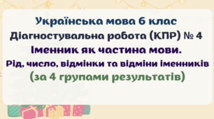 Діагностувальна робота (комплексна підсумкова робота / КПР) з теми "Іменник як частина мови. Рід, число, відмінки та відміни іменників". Українська мова 6 клас. 4 групи результатів
