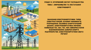 ЗНАЧЕННЯ ЕЛЕКТРОЕНЕРГЕТИКИ. ТИПИ ЕЛЕКТРОСТАНЦІЙ, ОСНОВНІ ЧИННИКИ ЇХ РОЗМІЩЕННЯ. ПАЛИВНО-ЕНЕРГЕТИЧНИЙ БАЛАНС. ЕЛЕКТРОЕНЕРГЕТИКА УКРАЇНИ. НАЙБІЛЬШІ ТЕС, АЕС, ГЕС, ЛЕП. ВИКОРИСТАННЯ ВІДНОВЛЮВАНИХ ДЖЕРЕЛ ЕНЕРГІЇ. ПІДПРИЄМСТВА  ЕЛЕКТРОЕНЕРГЕТИКИ СВОГО РЕГІОНУ