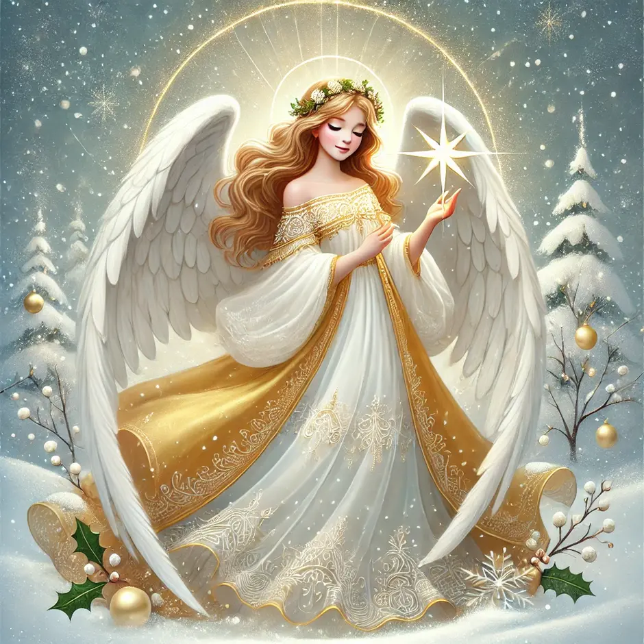 A beautiful Christmas angel illustration, featuring a serene angel with white wings, wearing a flowing golden and white robe. The angel holds a glowing star in one hand, standing amidst a snowy winter background with a gentle, celestial glow. The scene is festive and magical, with soft light and holiday accents like holly and pine branches.