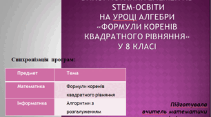 Використання елементів STEM–освіти на уроці алгебри «Формули коренів квадратного рівняння» у 8 класі