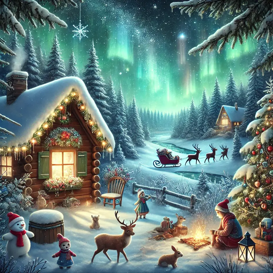 A magical Christmas fairy tale scene with a snow-covered forest, a cozy wooden cottage glowing with warm light, and a sleigh pulled by reindeer in the distance. The sky is filled with twinkling stars and the Northern Lights. In the foreground, children are building a snowman, and small woodland animals like deer and rabbits gather around. The atmosphere is enchanting and festive, with a sense of wonder and magic.