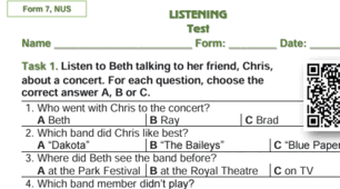 Test 7 NUS (Listening: 2 tasks + 2 questions) / НУШ, 7 клас, 1 семестр, АУДІЮВАННЯ