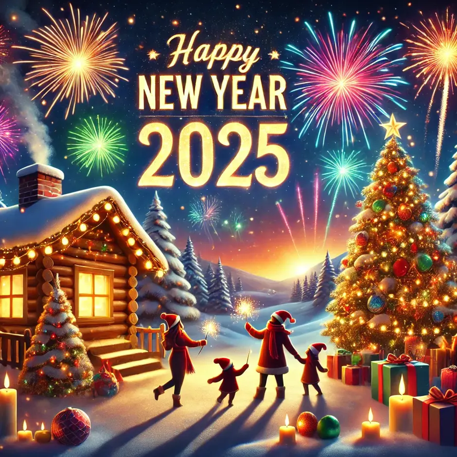 A festive New Year 2025 celebration scene featuring a vibrant night sky illuminated with colorful fireworks, a decorated Christmas tree with glowing lights, and people joyfully celebrating with sparklers and party hats. The setting includes snow-covered landscapes, a cozy cabin with warm light glowing through its windows, and a large banner that says 'Happy New Year 2025' in bold, festive lettering. The mood is cheerful and celebratory, emphasizing winter holiday vibes.