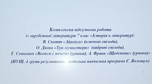 Комплексна підсумкова робота із зарубіжної літератури 7 клас «Історія в літературі:  В. Скотт «Айвенго», О. Дюма «Три мушкетери»,  Г. Сенкевич «Вогнем і мечем», А. Франк «Щоденник» (НУШ, 4 групи результатів,  модельна навчальна програма Є. Волощук)
