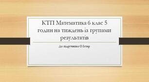 КТП Математика до підручника О.Істера. 6 клас 5 годин на тиждень із групами результатів. Створено відповідно до МНП «Математика. 5-6 класи» О.Істера