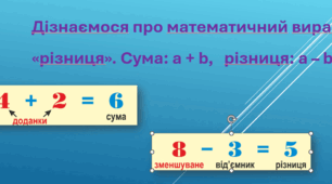 Дізнаємося про математичний вираз «різниця». Сума: а + b, різниця: а – b
