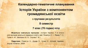 Календарно-тематичне планування. Історія України з компонентом громадянської освіти на ІІ (2) семестр з групами результатів. 7 клас (2 години на тиждень/70 годин на рік) (НУШ)