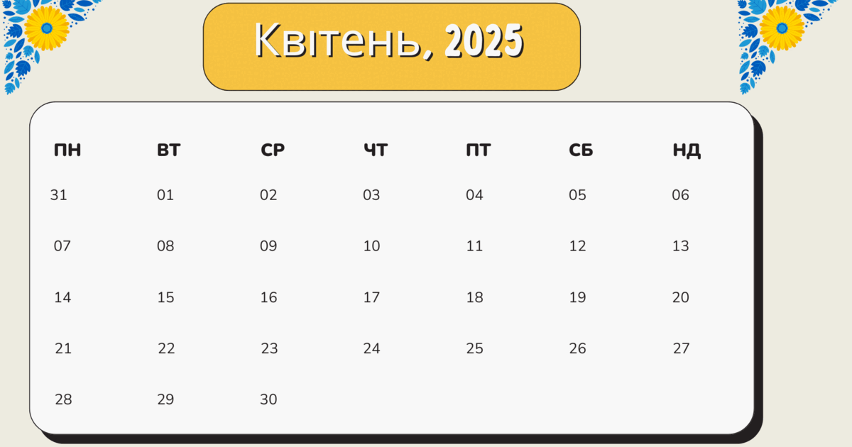 Місячний календар "Квітень, 2025" | Ілюстрації. Дидактичні матеріали