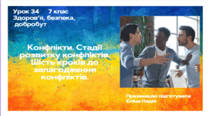 Урок 34  Конфлікти. Стадії розвитку конфліктів. Шість кроків до залагодження конфліктів.