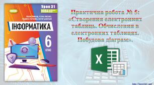 6 клас 31 урок НУШ. Практична робота № 5: «Створення електронних таблиць. Обчислення в електронних таблицях. Побудова діаграм».