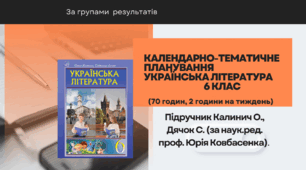 6 клас. НУШ. Українська література. Календарно-тематичне планування . За підручником Калинич О., Дячок С. (за наук.ред. проф. Юрія Ковбасенка).   Усього за програмою – 70 год. На тиждень – 2 год. За  групами  результатів