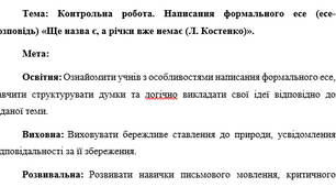 План-конспект "Контрольна робота. Написання формального есе (есе-розповідь) «Ще назва є, а річки вже немає (Л. Костенко)»."